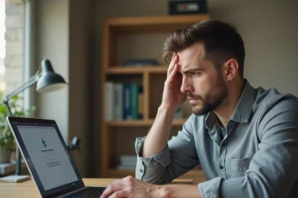 Homme frustré face à un écran d'ordinateur affichant une erreur de connexion sur un compte bancaire en ligne LCL