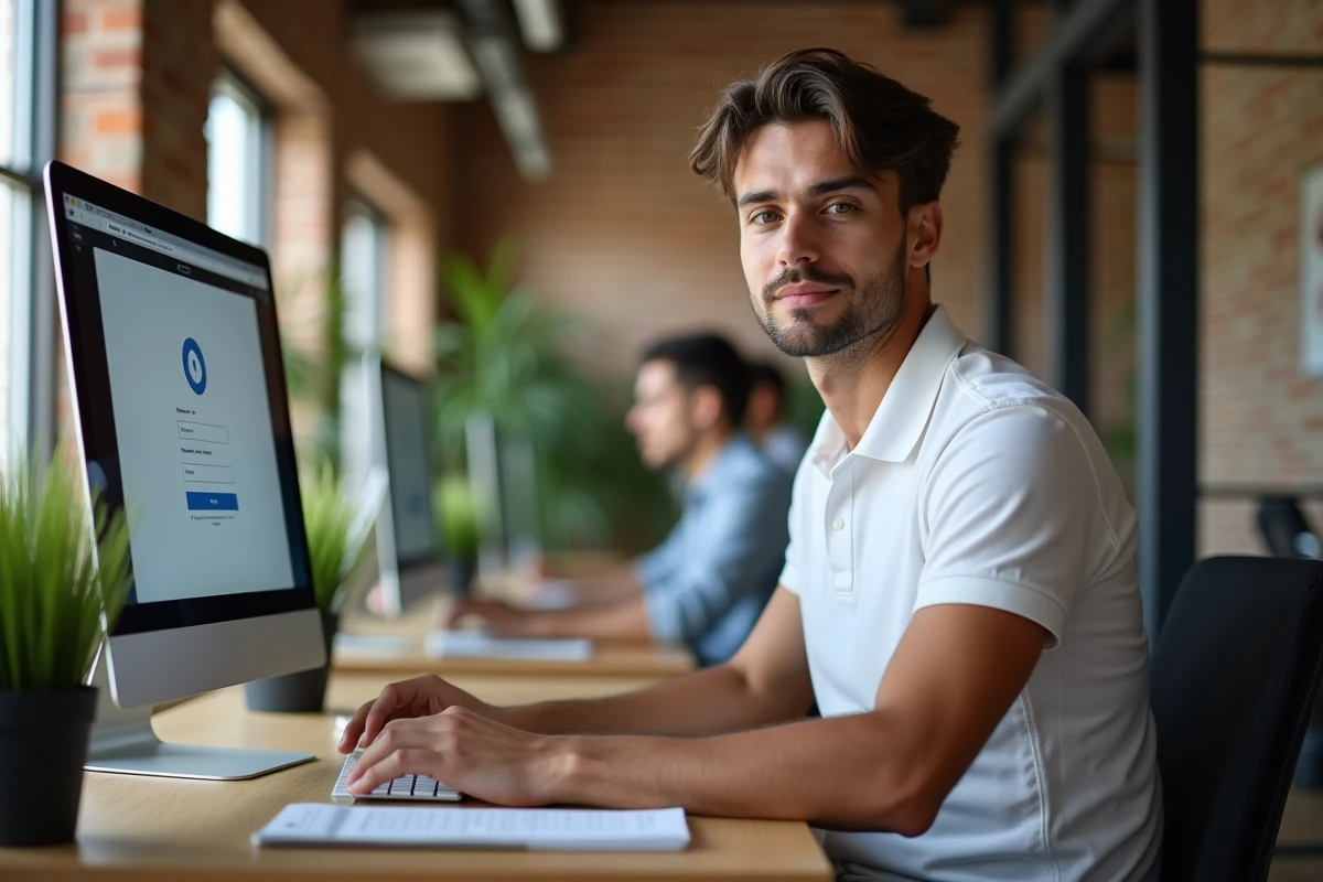 Jeune professionnel accédant à son espace bancaire en ligne dans un espace de coworking