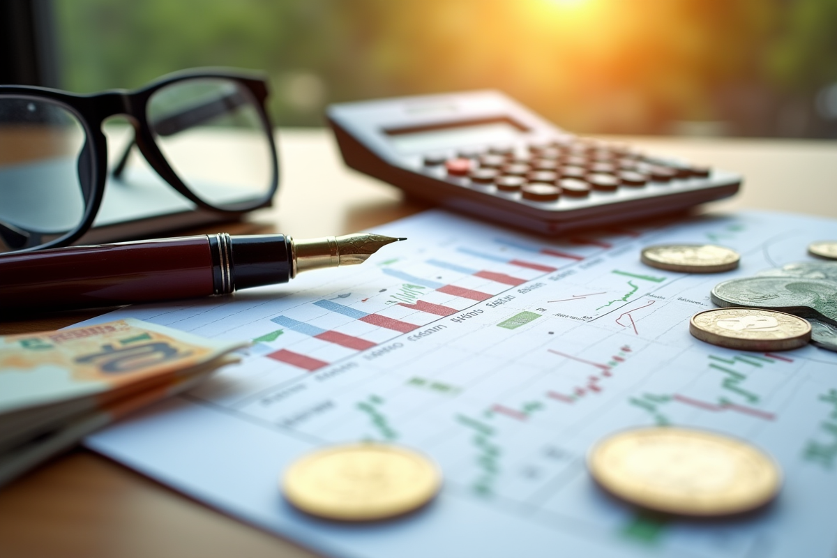 Accessoires de bourse avec stylo calculatrice et billets en lumière naturelle