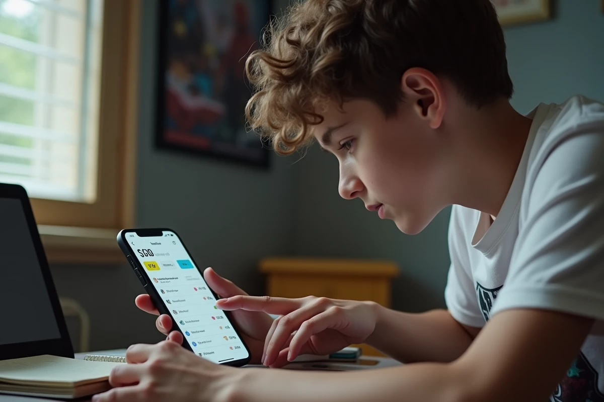 Adolescent consultant l'historique d'achats Valorant sur smartphone dans sa chambre