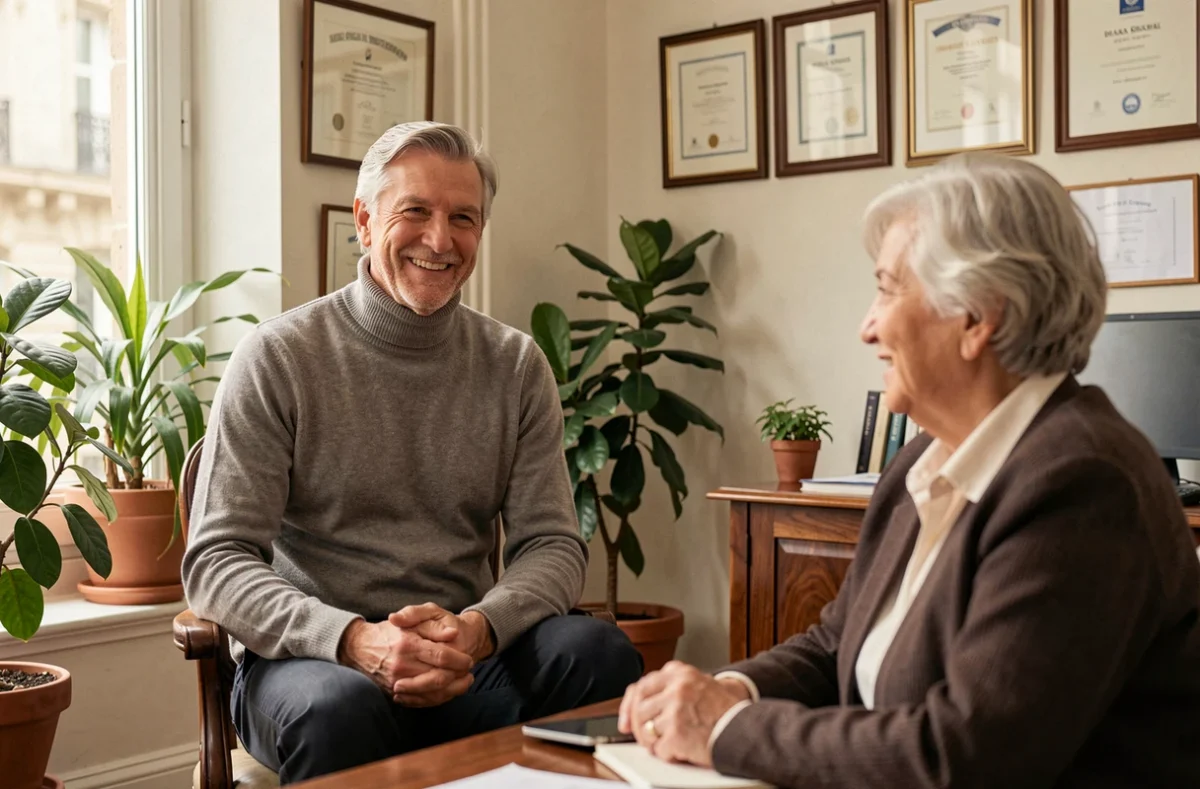 Courtier bienveillant conseillant un couple de particuliers dans un bureau d'assurance accueillant à Paris