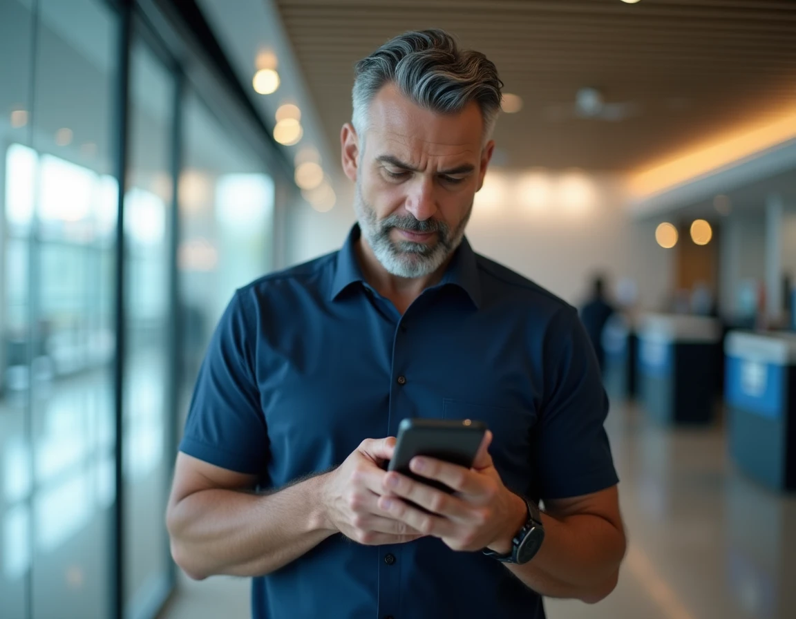 Homme consultant les paramètres d'alertes SMS de son compte bancaire sur smartphone en agence