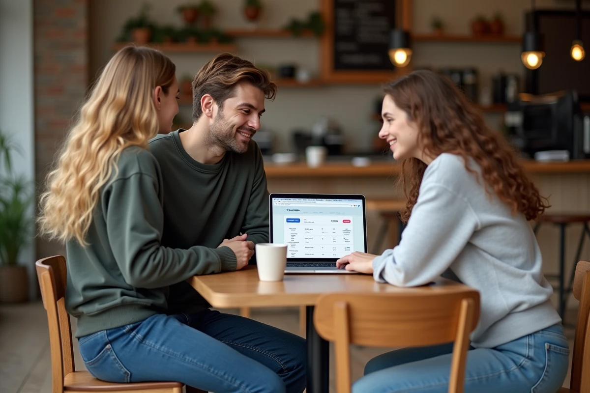 Deux amis consultant ensemble l'historique d'achat Valorant sur un ordinateur portable dans un café