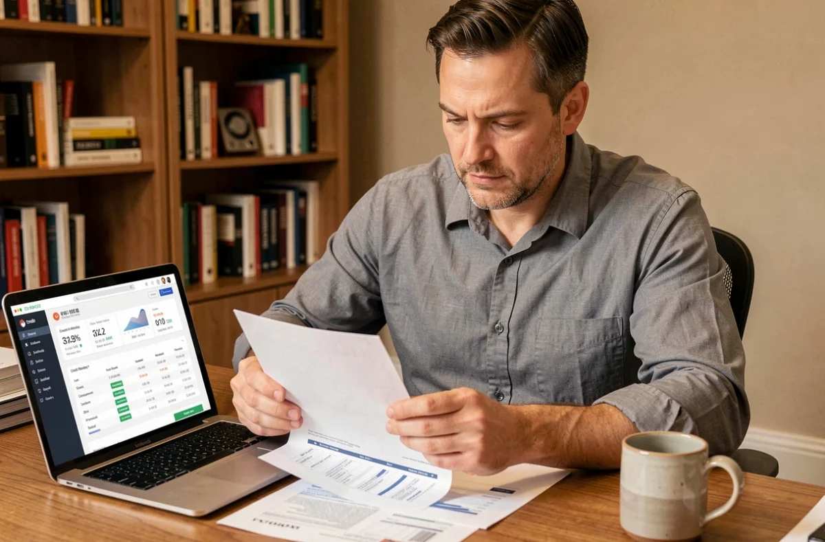 Un homme analyse son rapport de Credit Monitoring Arrangement à domicile pour préparer une négociation bancaire