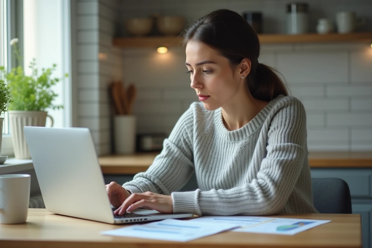 Femme analysant les conditions d'un crédit immobilier flexible LCL sur son ordinateur portable à la maison