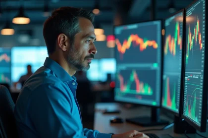 Analyste financier concentré devant des écrans de trading affichant des graphiques boursiers et des turbos en bourse