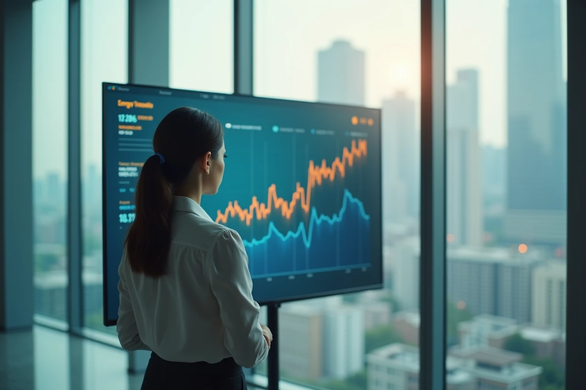 Analyste financière devant des graphiques boursiers et de transition énergétique dans un bureau moderne avec vue sur la ville