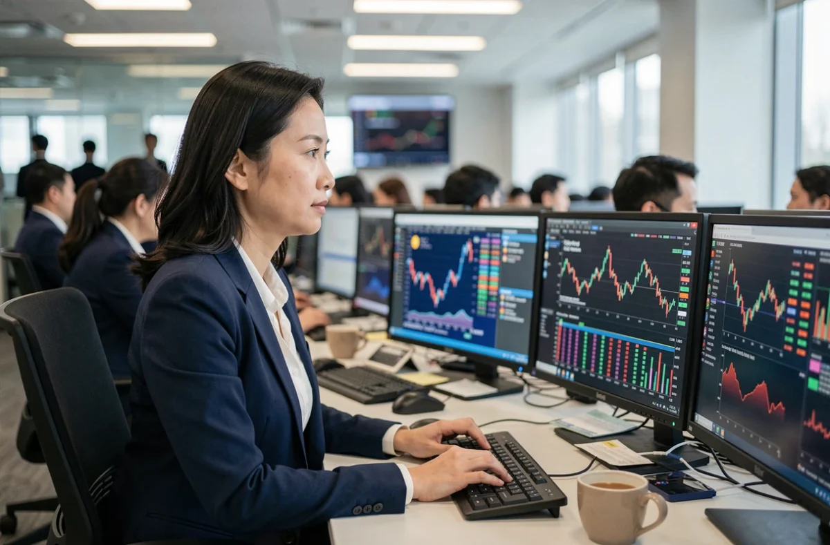Analyste financière asiatique surveillant les performances comparées du dollar et du yuan sur des écrans de trading dans une salle des marchés moderne
