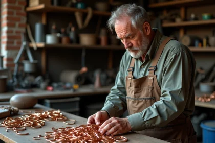 Artisan homme examinant des morceaux de cuivre dans son atelier