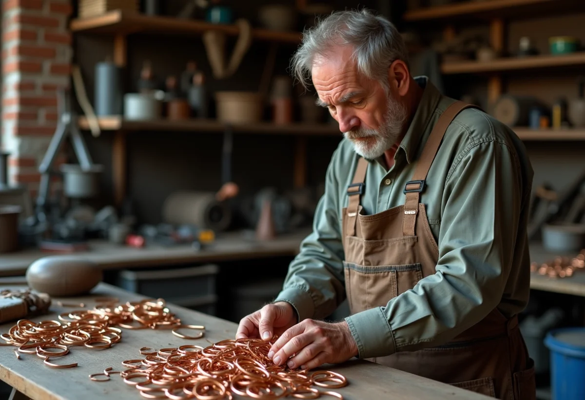 Artisan homme examinant des morceaux de cuivre dans son atelier