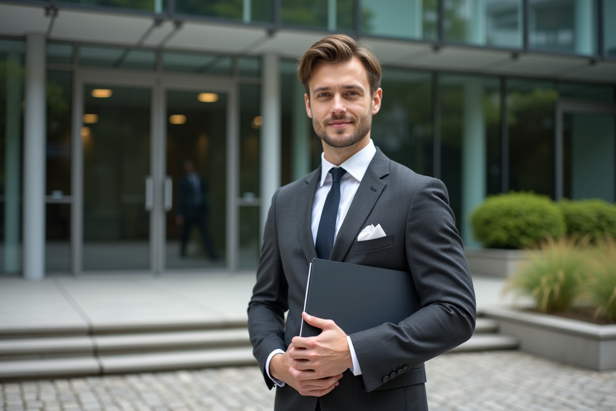 Jeune avocat devant un bâtiment administratif moderne