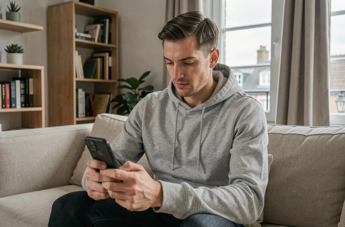 Un homme utilisant une application de banque en ligne sur smartphone dans son appartement à Amiens