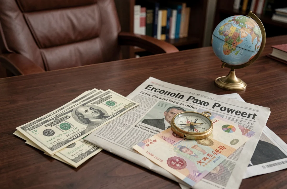 Billets de dollar américain et de yuan chinois côte à côte sur un bureau en bois avec journal financier, symbolisant la rivalité économique mondiale