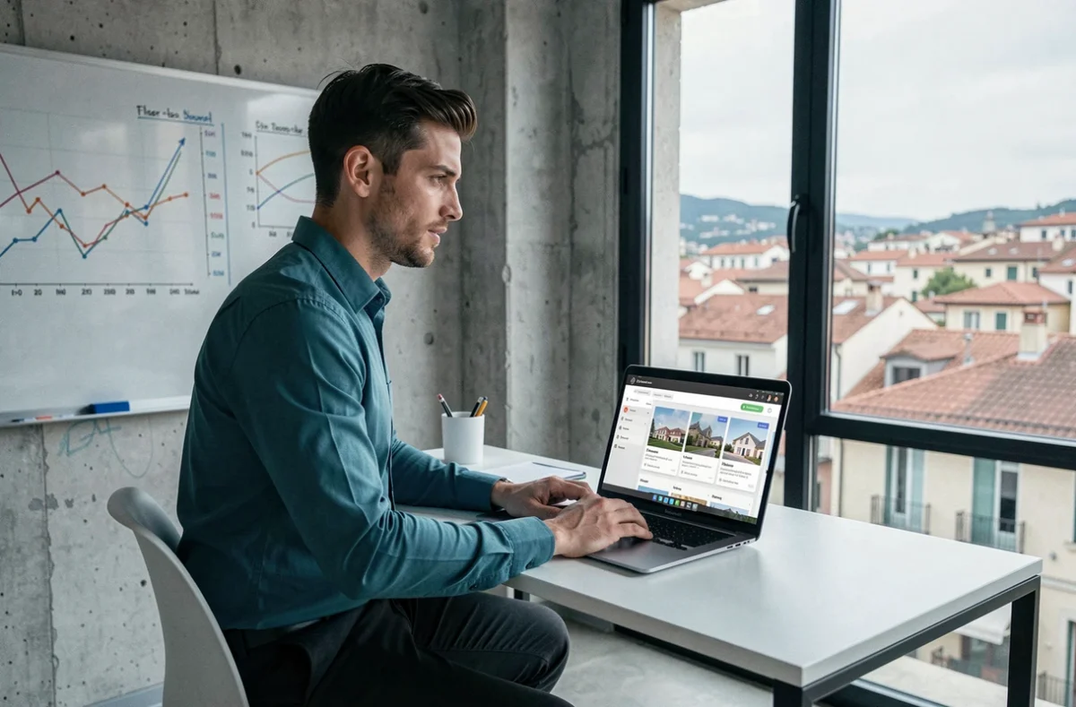 Courtier Booti.Fr travaillant sur une plateforme numérique de courtage en crédit immobilier dans un bureau moderne avec vue sur la vieille ville de Nice