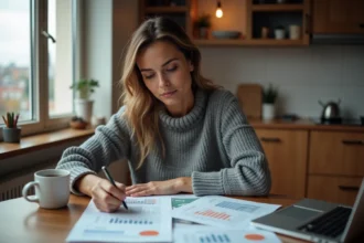 Femme consultant un budget mensuel détaillé dans un appartement urbain modeste, illustrant la comparaison du coût de la vie selon le salaire brut