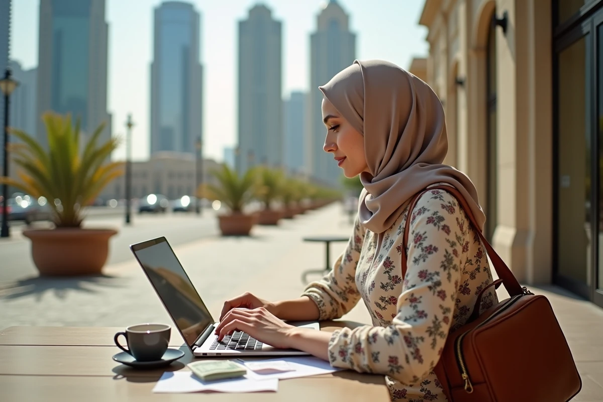 Voyageuse planifiant son budget de voyage à Dubaï sur un ordinateur portable en terrasse