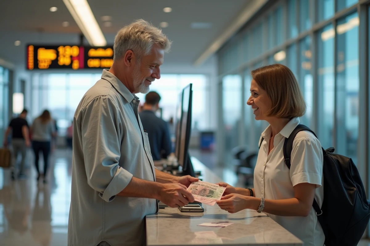 Homme échangeant des dirhams contre des euros à un bureau de change dans un aéroport international