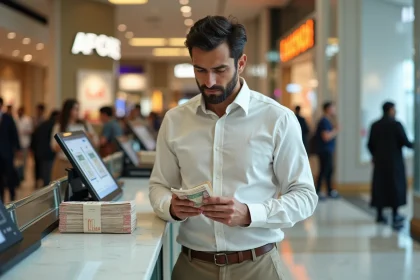 Homme examinant des dirhams émiratis à un bureau de change dans un centre commercial de Dubaï