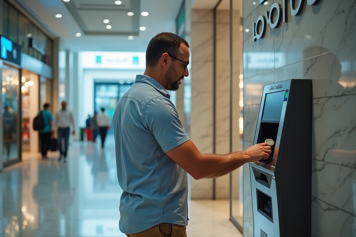 Voyageur utilisant un bureau de change automatique dans un centre commercial de Dubaï