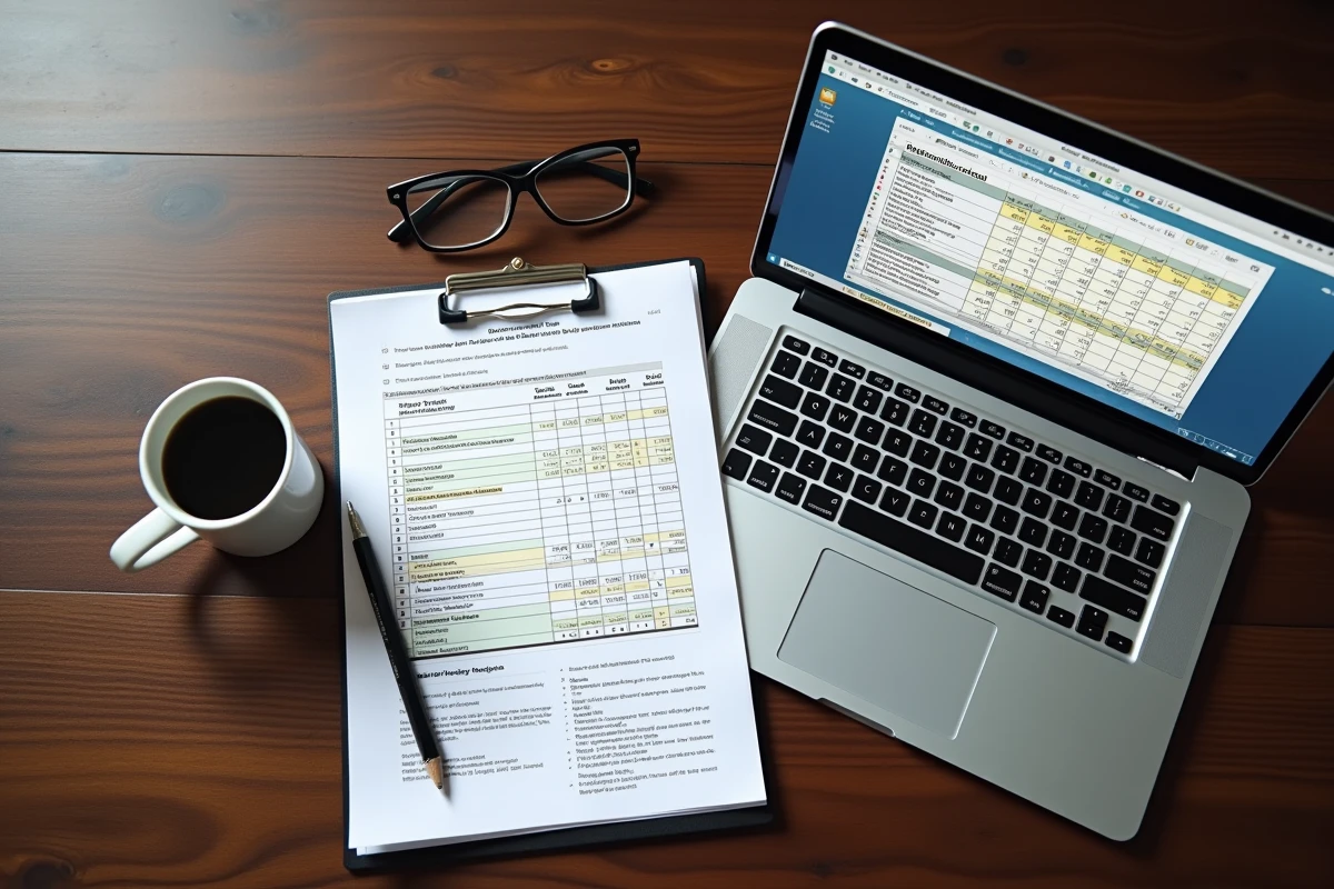 Vue aérienne d'un bureau avec documents fiscaux et erreurs de calcul d'acompte IS surlignées sur ordinateur
