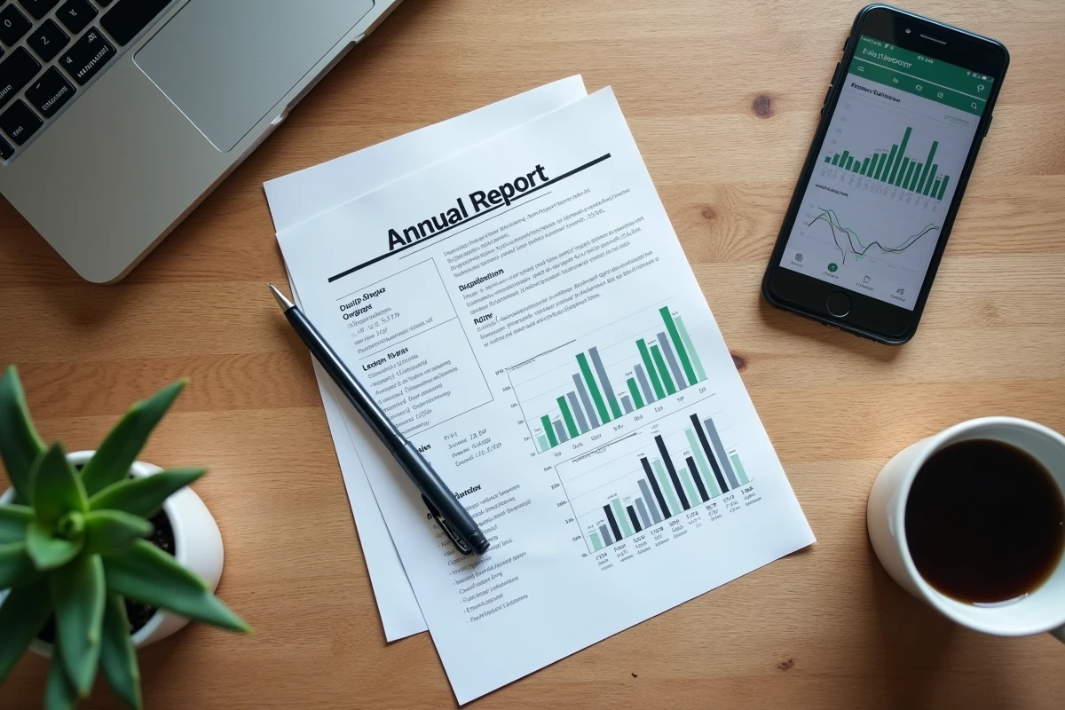 Vue aérienne d'un bureau avec un rapport annuel sur le dividende FDJ 2026 et un smartphone affichant des données boursières