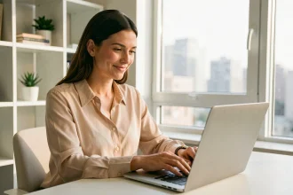 Femme utilisant une application bancaire en ligne sur un ordinateur portable depuis son bureau à domicile, illustrant la gestion du CA35 en ligne