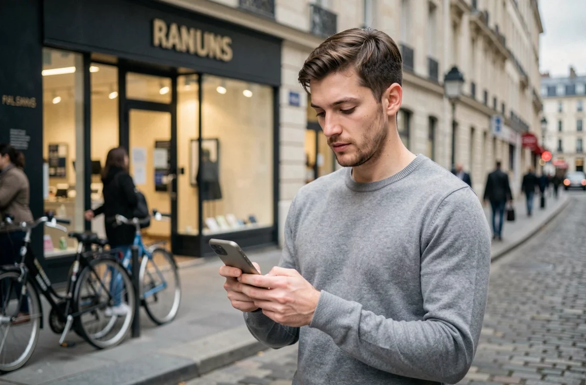Jeune homme consultant son application bancaire CA35 sur smartphone devant une agence bancaire en ville, face au choix entre digital et agence physique
