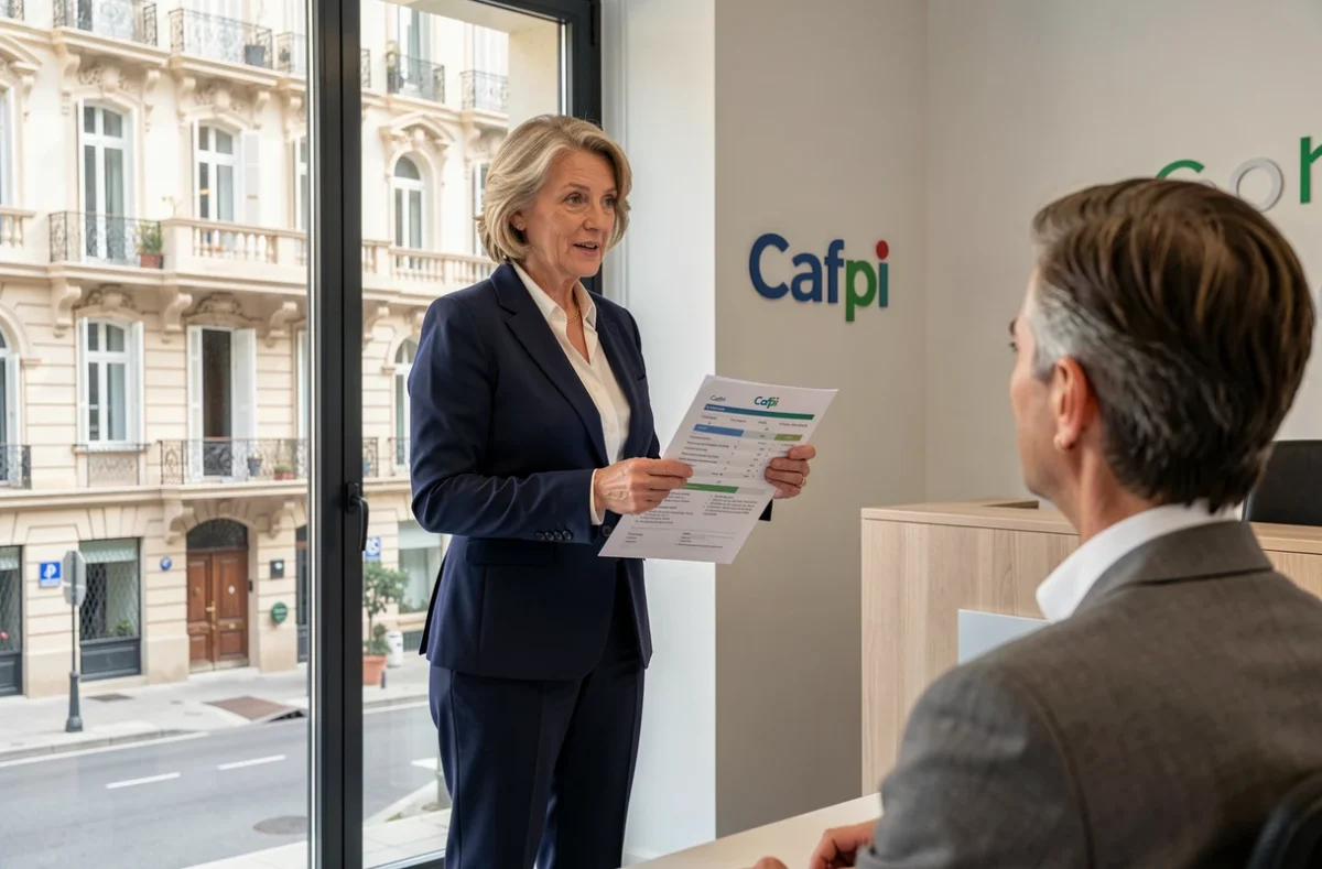 Courtière Cafpi Nice expliquant un comparatif de prêts immobiliers à une cliente dans l'agence Cafpi de Nice
