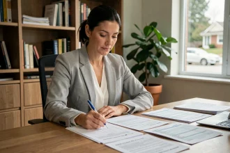 Femme calculant ses frais kilométriques manuellement sur des documents fiscaux posés sur un bureau en bois