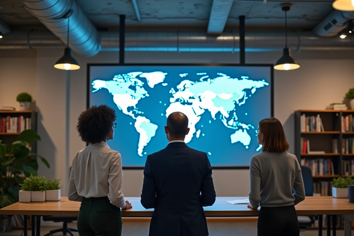 Groupe de chercheurs étudiant une carte mondiale interactive sur les inégalités de richesse entre nations dans un bureau moderne