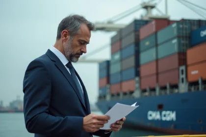 Cadre maritime en costume marine examinant des documents financiers sur le pont d'un porte-conteneurs CMA CGM dans un port industriel