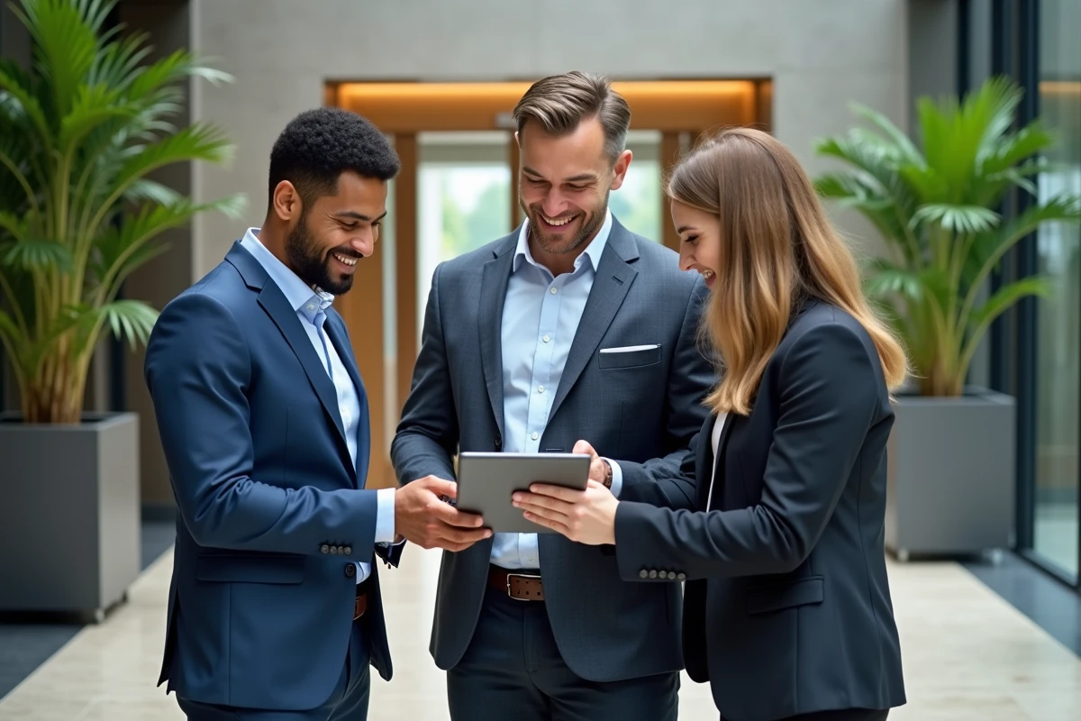 Trois professionnels discutant avec une tablette dans un hall d