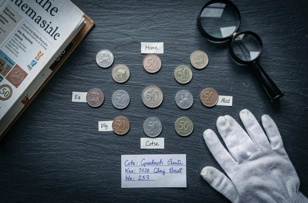 Vue de dessus d'une collection de pièces de 50 centimes rares disposées sur ardoise avec un catalogue de cote numismatique et une loupe de joaillier