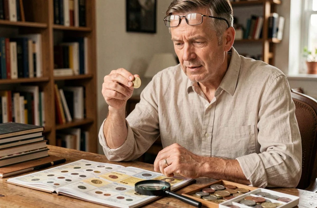 Collectionneur numismate examinant une pièce de 50 centimes rare avec une loupe, entouré de catalogues de cotation et de monnaies euro