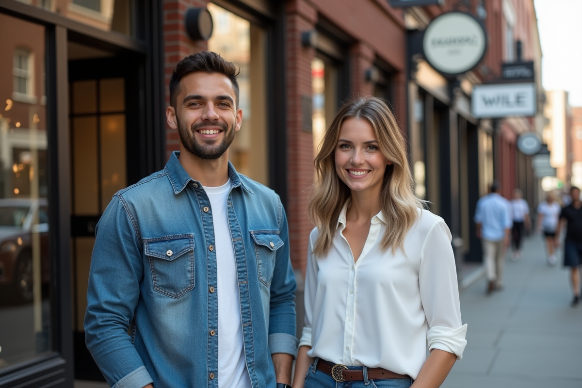 Deux commerçants devant leurs boutiques dans la rue animée