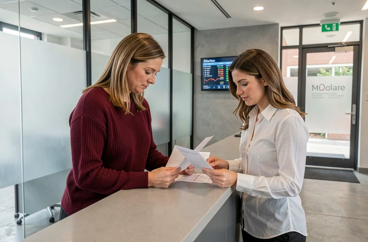 Deux femmes comparant des offres bancaires dans une agence moderne en Picardie