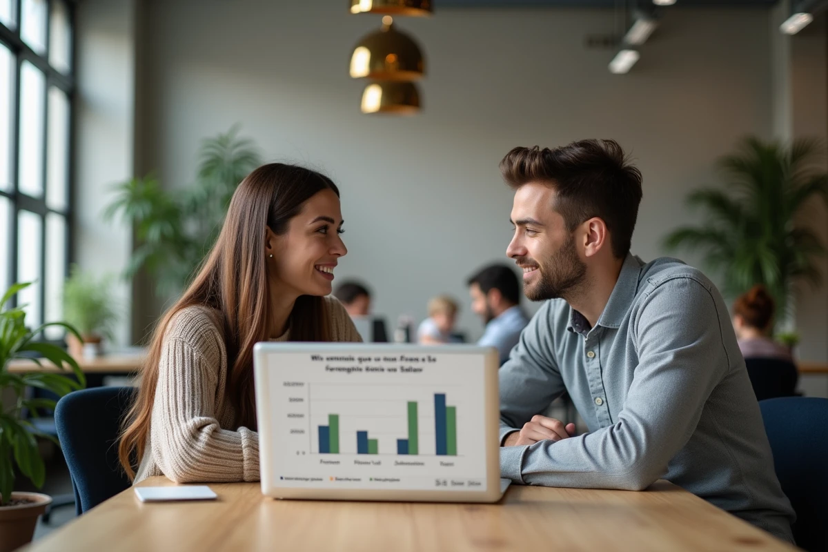 Deux collègues comparant des salaires par ville sur un ordinateur portable dans un espace de coworking, illustrant l'analyse du salaire brut de 2400 euros selon les villes françaises