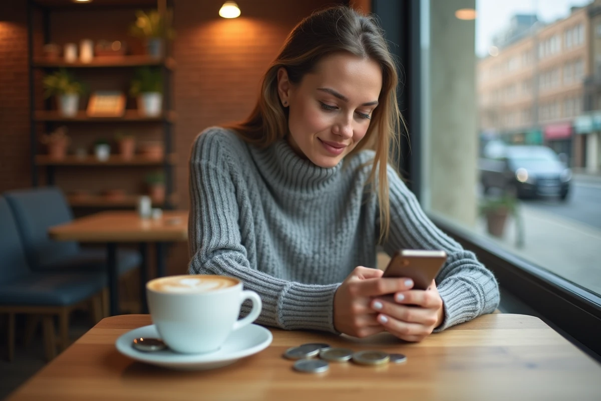Jeune femme comparant les taux de conversion dirham euro sur une application bancaire dans un café moderne