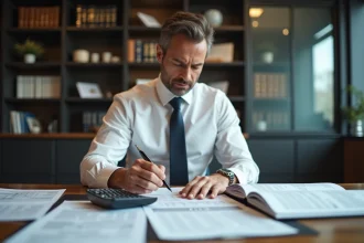 Comptable masculin analysant des feuilles de calcul fiscales pour corriger des erreurs d'acompte d'impôt sur les sociétés