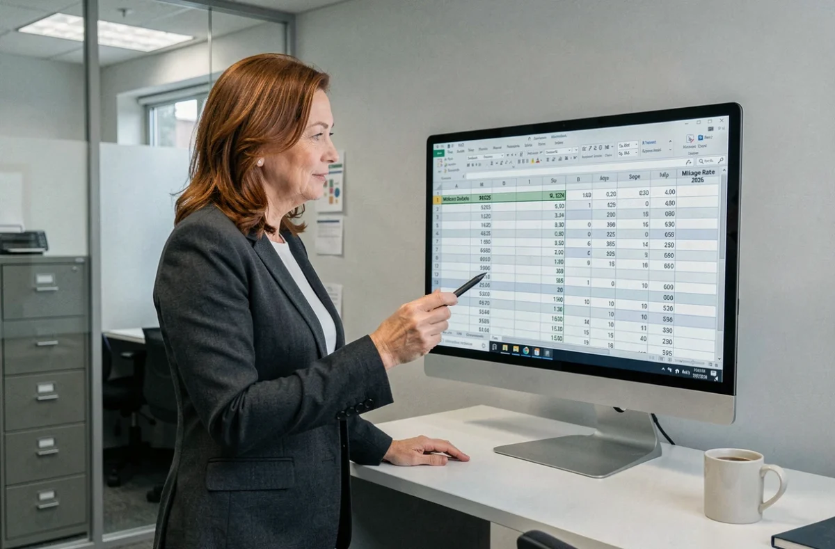 Comptable présentant un tableau de calcul des frais kilométriques 2026 sur écran d'ordinateur dans un bureau professionnel