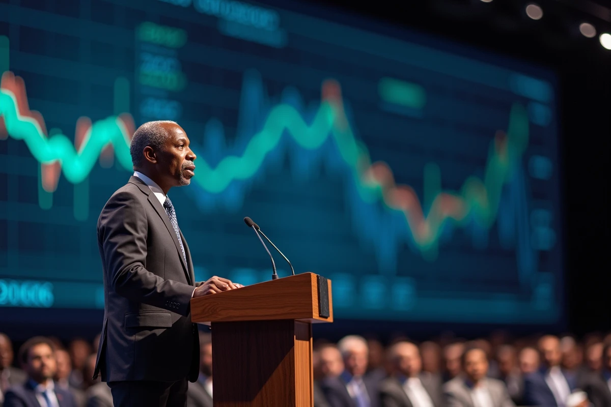 Conférencier africain expert en finance prenant la parole lors d'un forum économique panafricain devant un grand auditoire