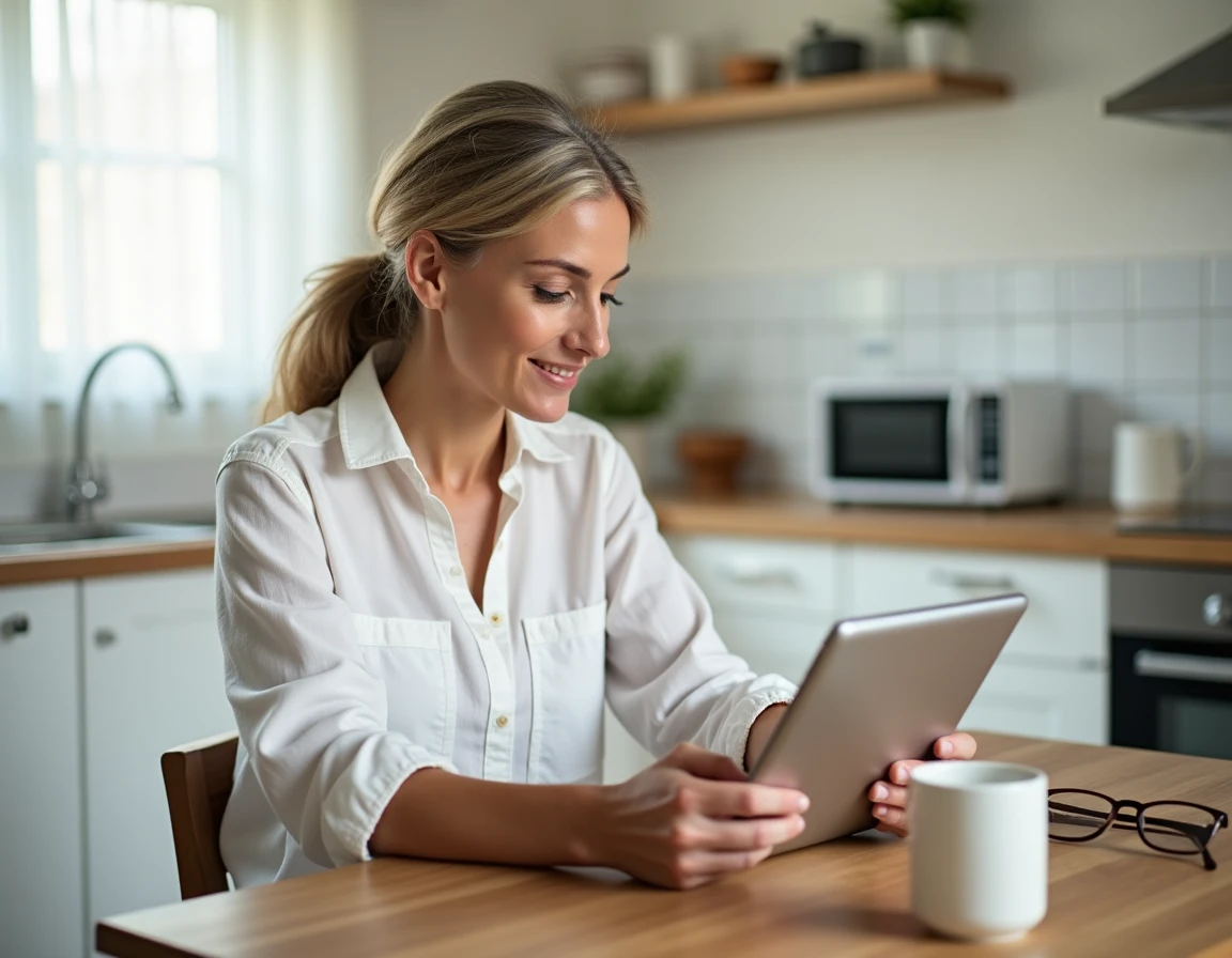 Femme paramétrant des alertes SMS depuis son espace personnel en ligne sur une tablette à la maison