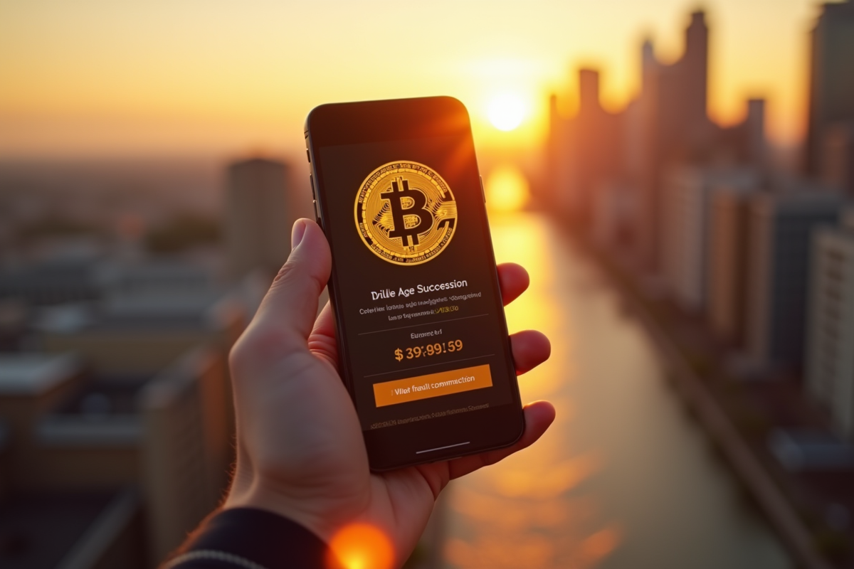 Smartphone affichant une confirmation de transaction Bitcoin avec lumière dorée