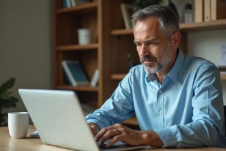 Homme consultant son compte bancaire en ligne sur un ordinateur portable dans un bureau à domicile