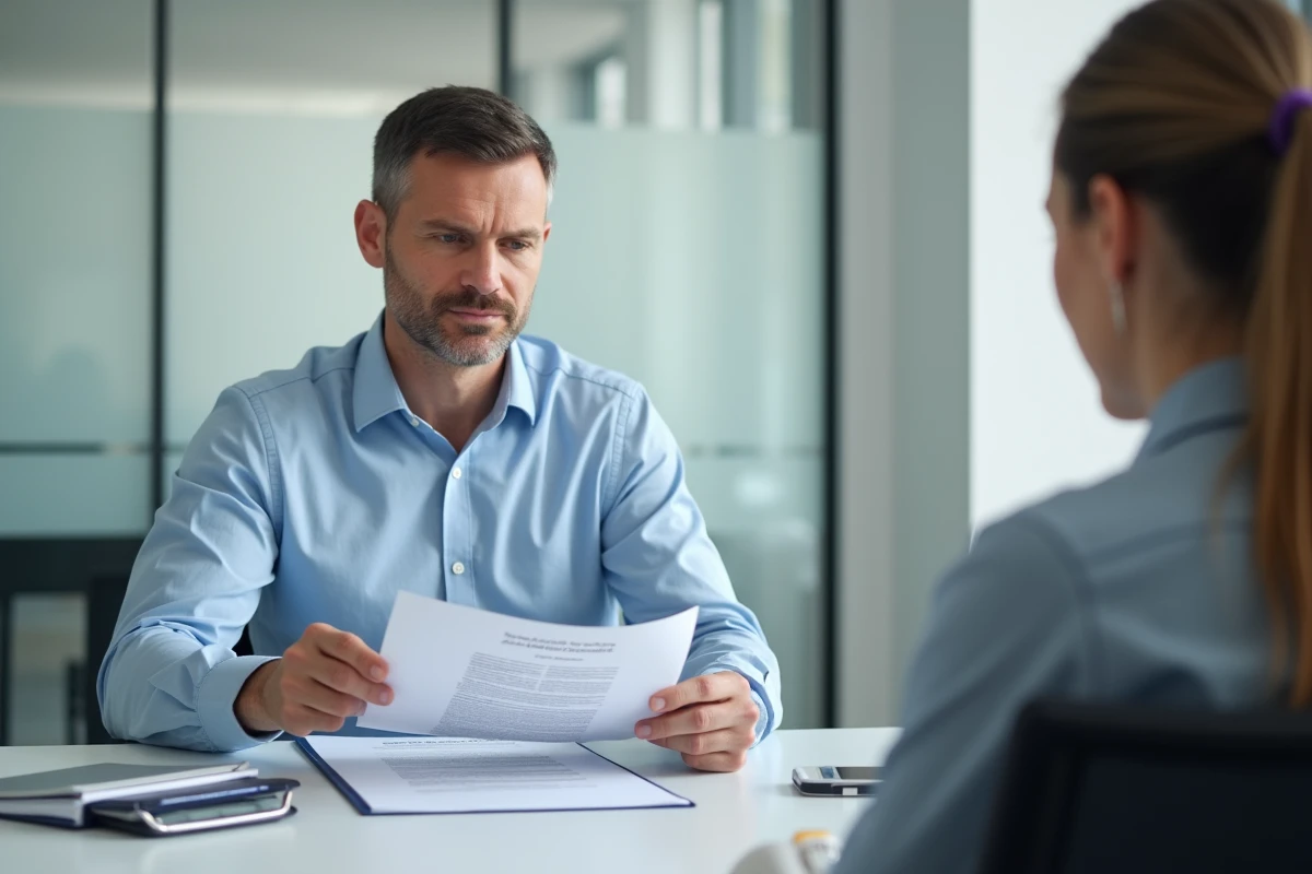 Conseiller en assurance expliquant les exclusions d'un contrat à un client en agence