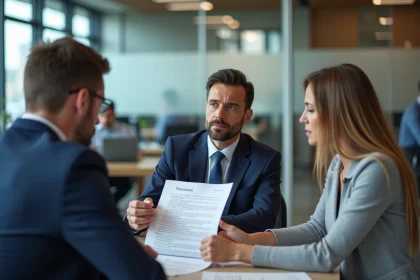 Conseiller bancaire expliquant les clauses d'un contrat de crédit LCL flexible à un couple de clients dans une agence moderne