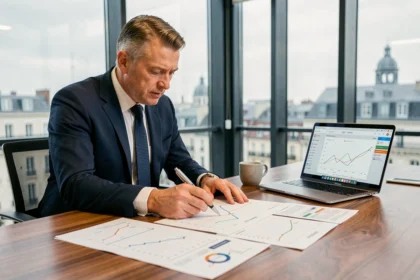 Conseiller financier analysant les rendements SCPI sur des graphiques imprimés dans un bureau moderne avec vue sur la ville