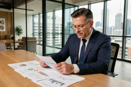 Conseiller financier analysant des documents de rendement SCPI dans un bureau moderne avec vue sur la ville