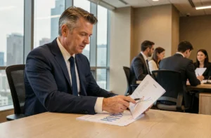 Conseiller financier analysant des documents de placement en SCPI dans un bureau moderne avec vue sur la ville