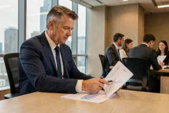Conseiller financier analysant des documents de placement en SCPI dans un bureau moderne avec vue sur la ville